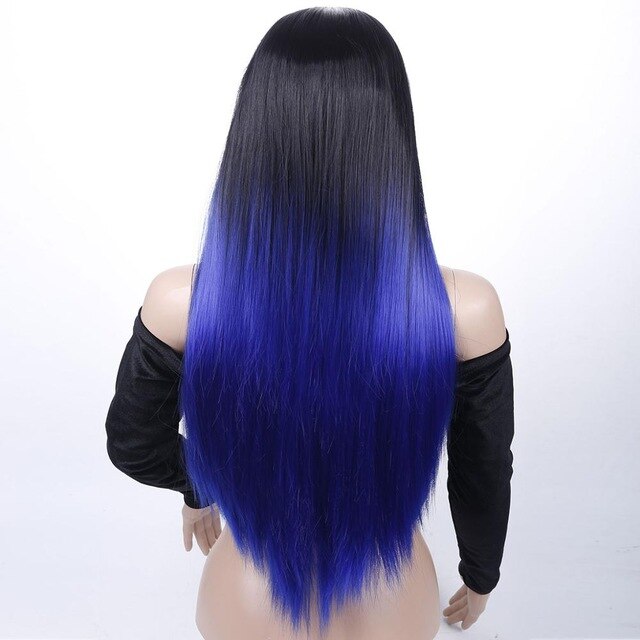 Largo SHANGKE-Peluca de pelo sintético liso para mujer, peluca de pelo liso Natural mezclado, Color de raíz oscura, degradado Natural, estilo africano y americano: Blue