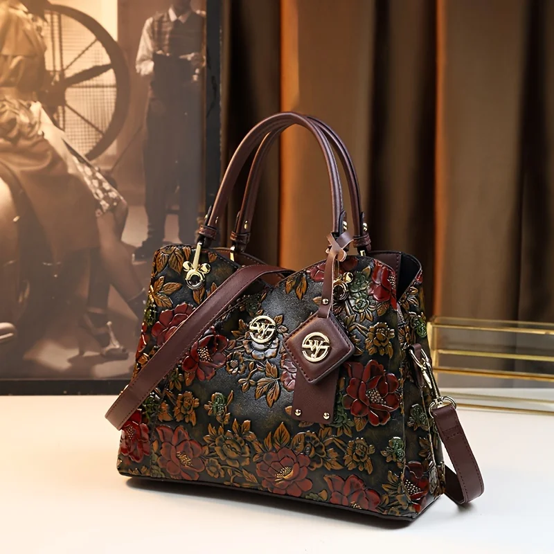 Vintage handtas met bloemenpatroon, luxe PU lederen draagtas, mode crossbody tas voor dames