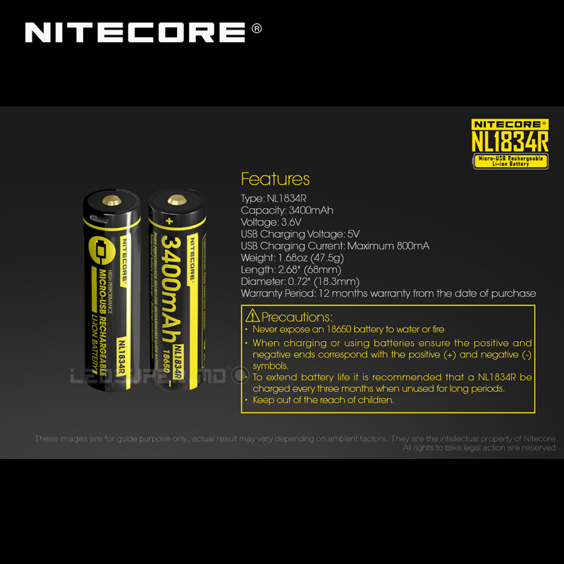 Nitecore NL1834R 3400mAh Micro-USB 18650 Li-ion Rechargeable Battery with Charging Port