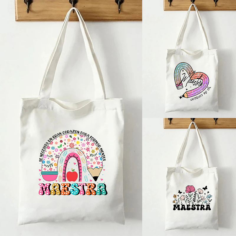 Maestra Spaanse Leraar Canvas Draagtas Organiseren Herbruikbare Boodschappentas Supermarkt Tas Reizen Grote Capaciteit Schoudertassen Lunchbox