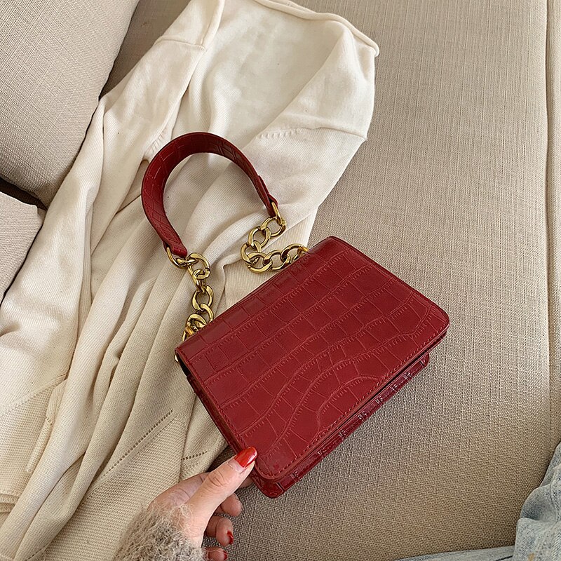 Sac fourre-tout en cuir PU femme, bandoulière, motif pierre, sacoche, bandoulière avec chaîne, ,: Rouge