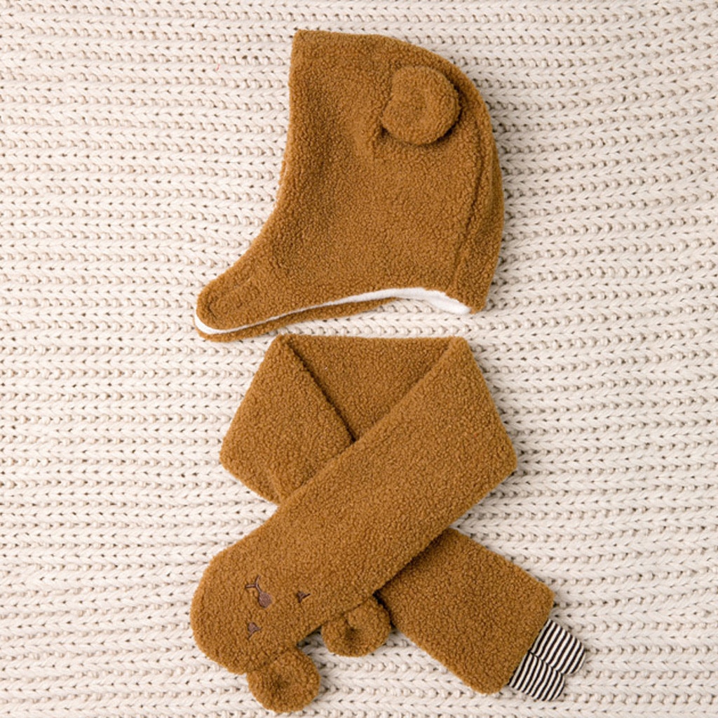 Unisex Cute Baby Cartoon Bear Hat Winter Toddler Boy Girl Solid Knitted Children Lovely Warm Soft Hat+Scarf Two Piece Set