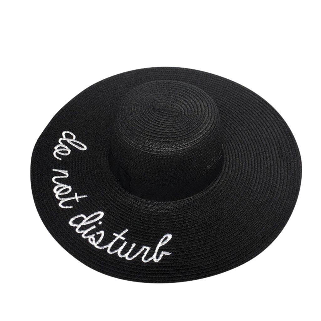 Sombrero de paja grande de verano para mujer de , disquete solar, sombreros anchos con estampado de letras, gorras de playa plegables, sombrero de playa,: Black