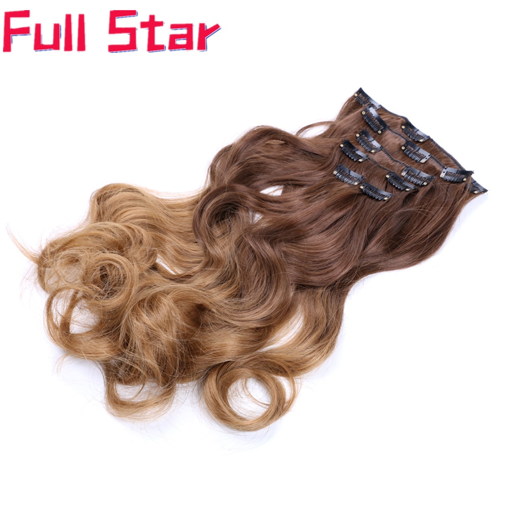 La estrella de 6 piezas de 22 "Ombre Clip en extensiones de cabello pelo sintético negro a Marrón castaño destacar negro para las mujeres blancas