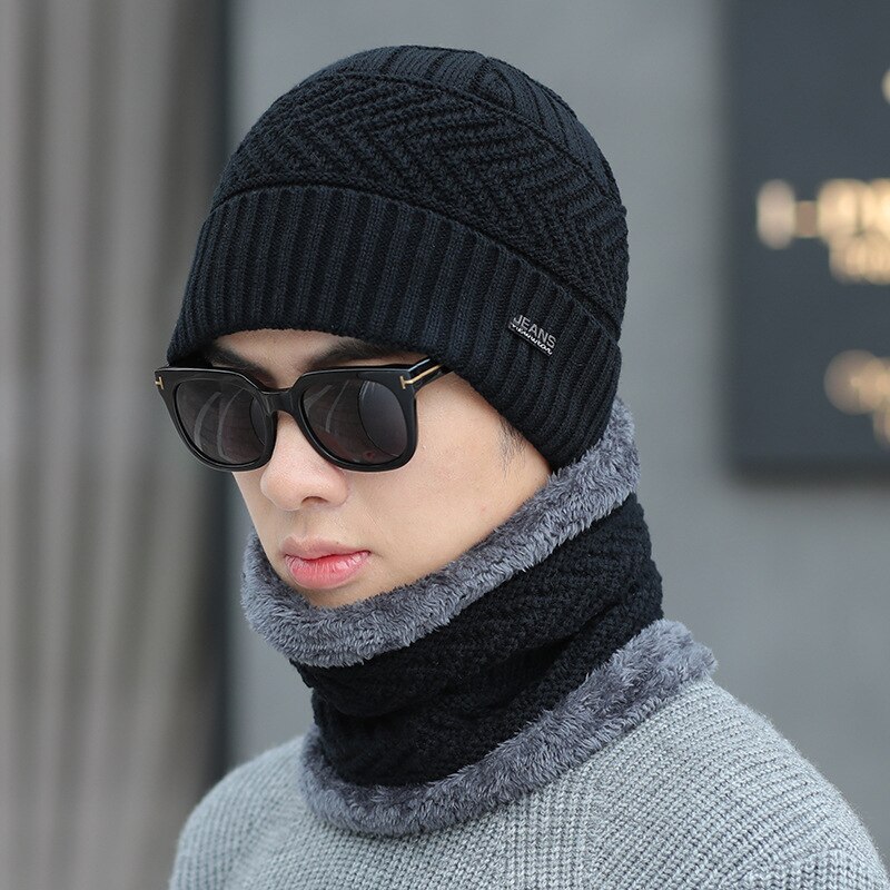 Calymel Winter Hat Scarf Set Men's Wool Hat Casual Warm Knit Hat Outdoor Riding Ski Cap Scarf Set 2pcs/set