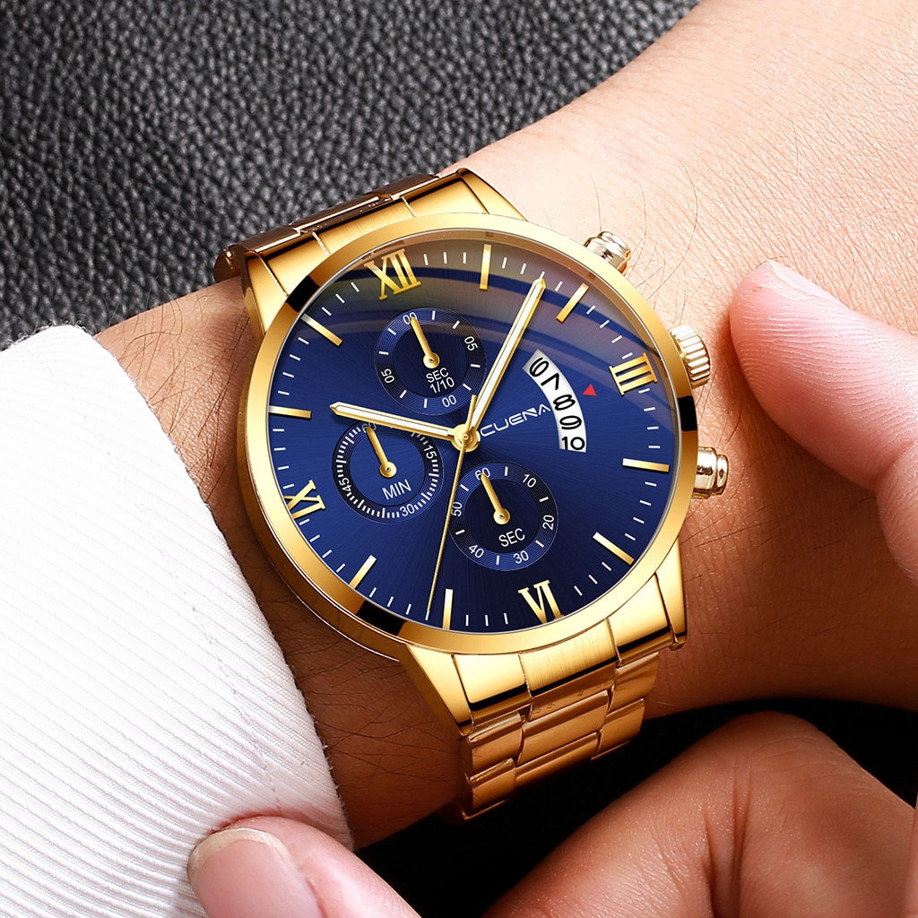 Cuena-reloj con correa de acero para hombre y mujer, cronógrafo de cuarzo con tres ojos, calendario de seis piezas,