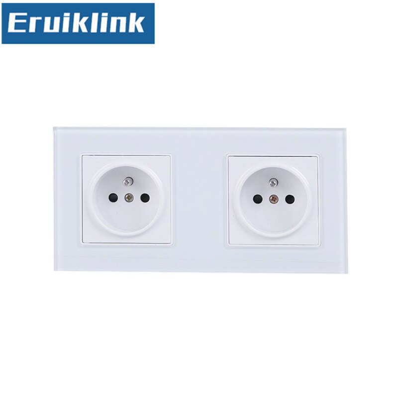EU standard double gang power socket,France type wall socket.white Tempered glass panels ,16A wall plug outlet AC110-250V
