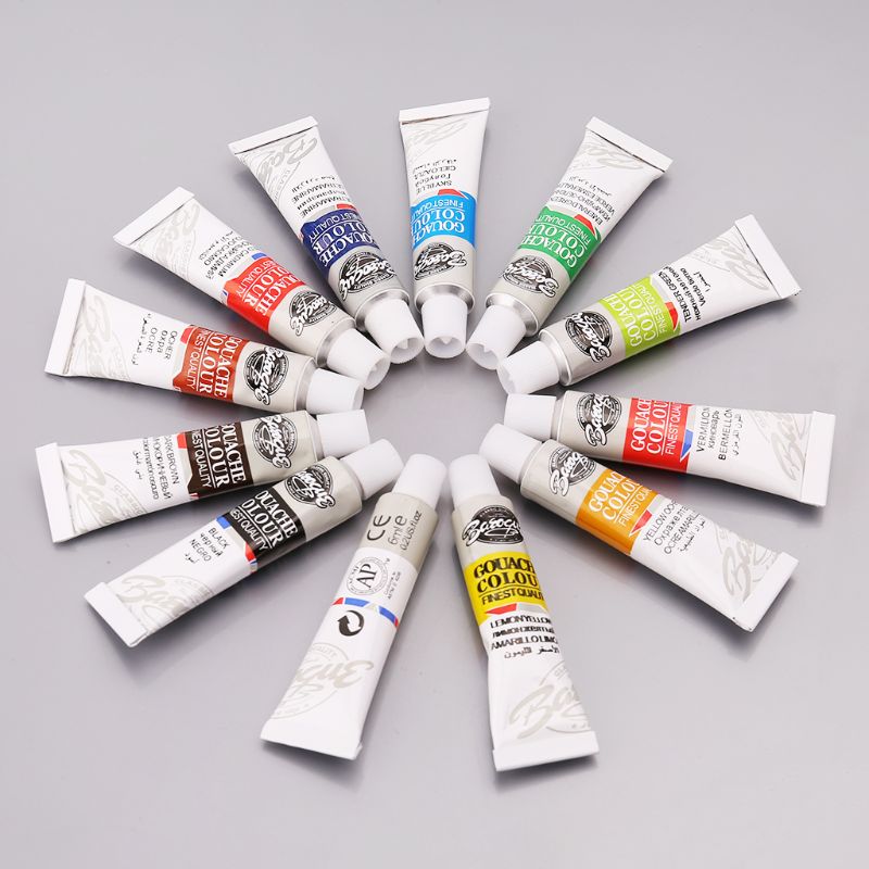 Lot de Tubes de peinture Gouache, 12 couleurs, 6ml, peinture à dessin, peinture pigmentée avec pinceau,