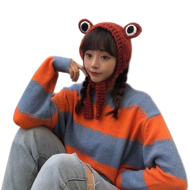 Schattige kikkeroog geweven gebreide skullies muts effen kleur winter warme oorklep muts: Rood