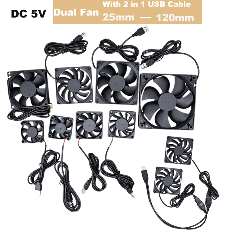 Dual 40mm 50mm 60mm 80mm 90mm 120mm DC 5V Powered USB Fans with 2 in 1 USB Cable for AV Receiver DVR Cooling E