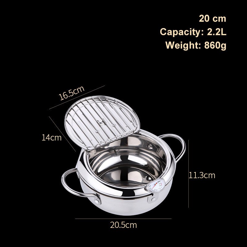 Tempura Fryer with Thermometer Lid Non-stick Stainless Steel Frying Pot for Kitchen MSU88