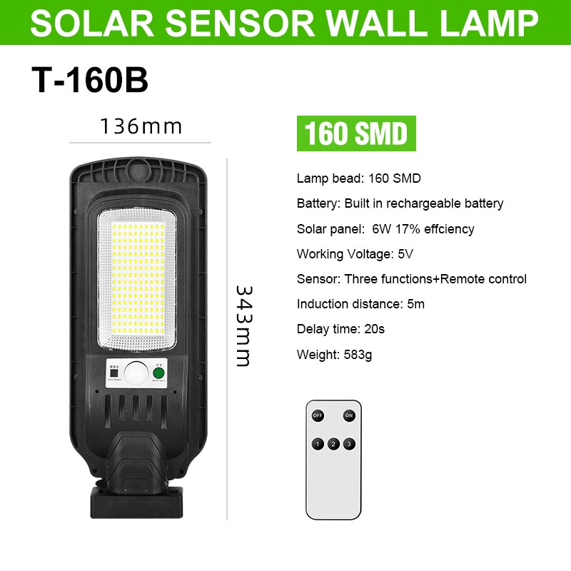 LED Solar Powered PIR Motion Sensor Wall Lamp Remote Control Illumination Light Infrared Sensor Light: 160 SMD