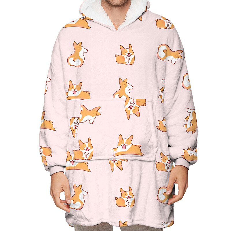 Fleece filtar huva med ärmar bärbar sherpa filtar överdimensionerad tröja vinter varm huva filt tecknad mjuka rockar: Corgi