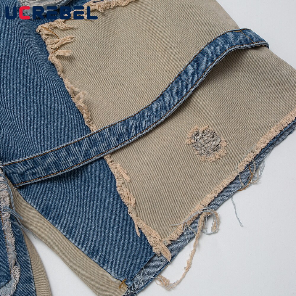 Pantalones cortos vaqueros rasgados de retazos para hombre, Shorts hasta la rodilla con cintura elástica, ropa de calle, pantalones sueltos con paneles de contraste