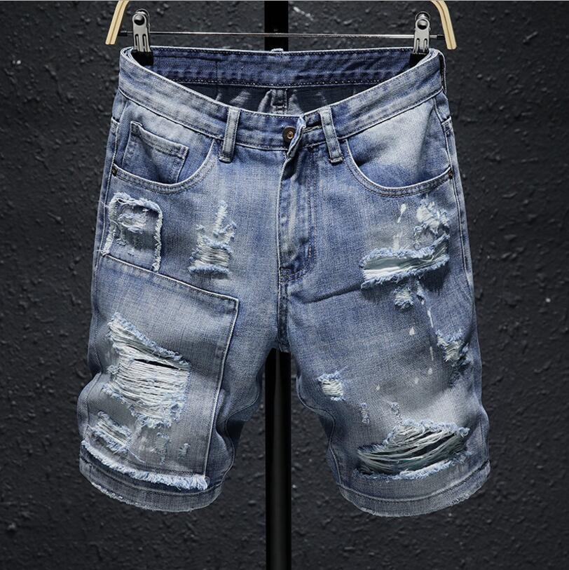 Mænd blå denim shorts sommer huller korte jeans mænd bomuld slim jeans shorts moto biker style denim jeans: 28