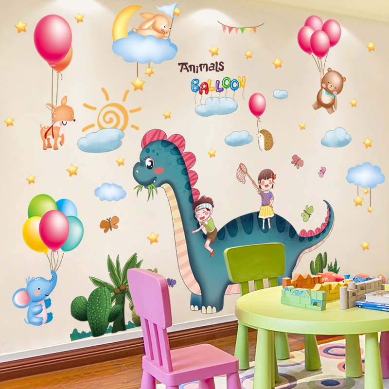 [Shijuehezi] Dinosaurussen Dieren Muurstickers Diy Cartoon Ballonnen Boom Mural Decals Voor Kinderkamer Baby Slaapkamer Decoratie