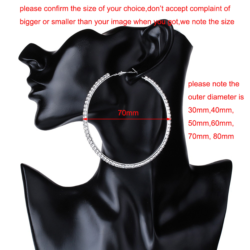 Brincos de argola grandes de 30-80mm para mulheres, meninas, círculo, cristal, strass, preto, dourado, prata, cor redonda, presente de festa