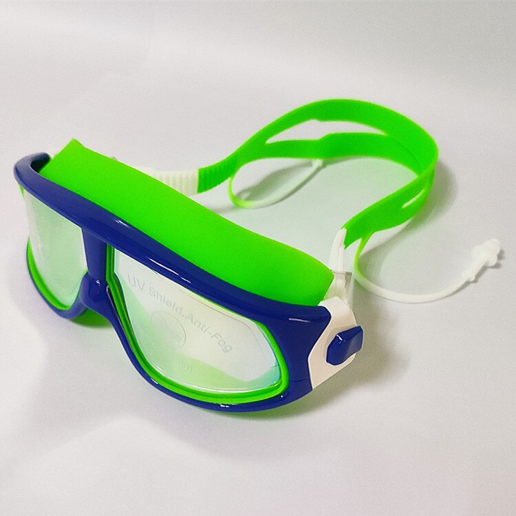 Kinderen Zwembril Cool Big Frame Een Stuk Oordopjes Kleurrijke Galvaniseren Anti-Fog Anti-Ultraviolet Zwemmen bril: Dark Blue Green