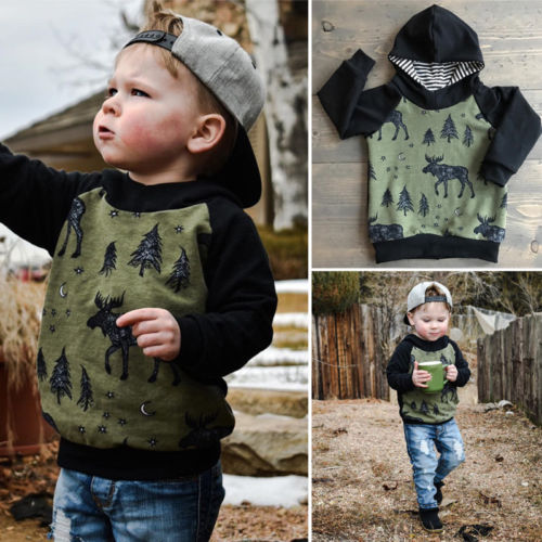 Pudcoco småbørn grønne hjorte hættetrøjer barn baby dreng hættetrøje rensdyr efterår vinter børn afslappet løst tøj toppe