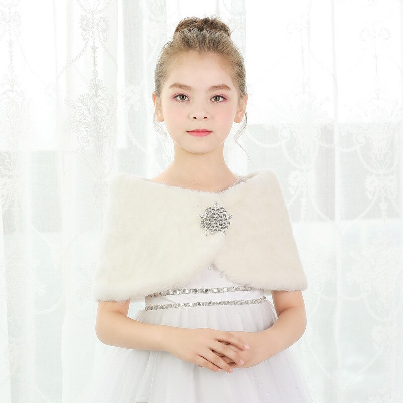 Veste en fausse fourrure blanche pour enfants, Cape de mariage pour filles, enveloppes de robe de Communion, Cape boléro d&#39;hiver, veste avec broche châle: Beige / S Height  90-110cm