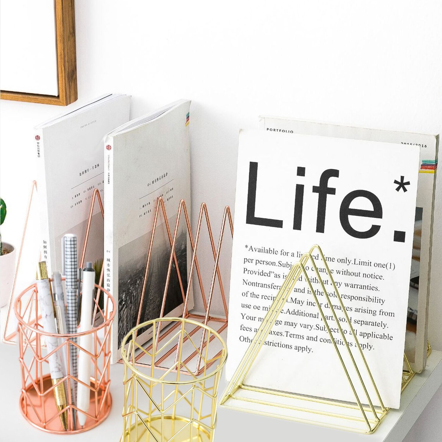 Desktop Organizer Set 1pcs 9 Slot Triangle Magazine Holder Book File Storage Rack + 1pcs Pencil Cup for Home School Office Decor