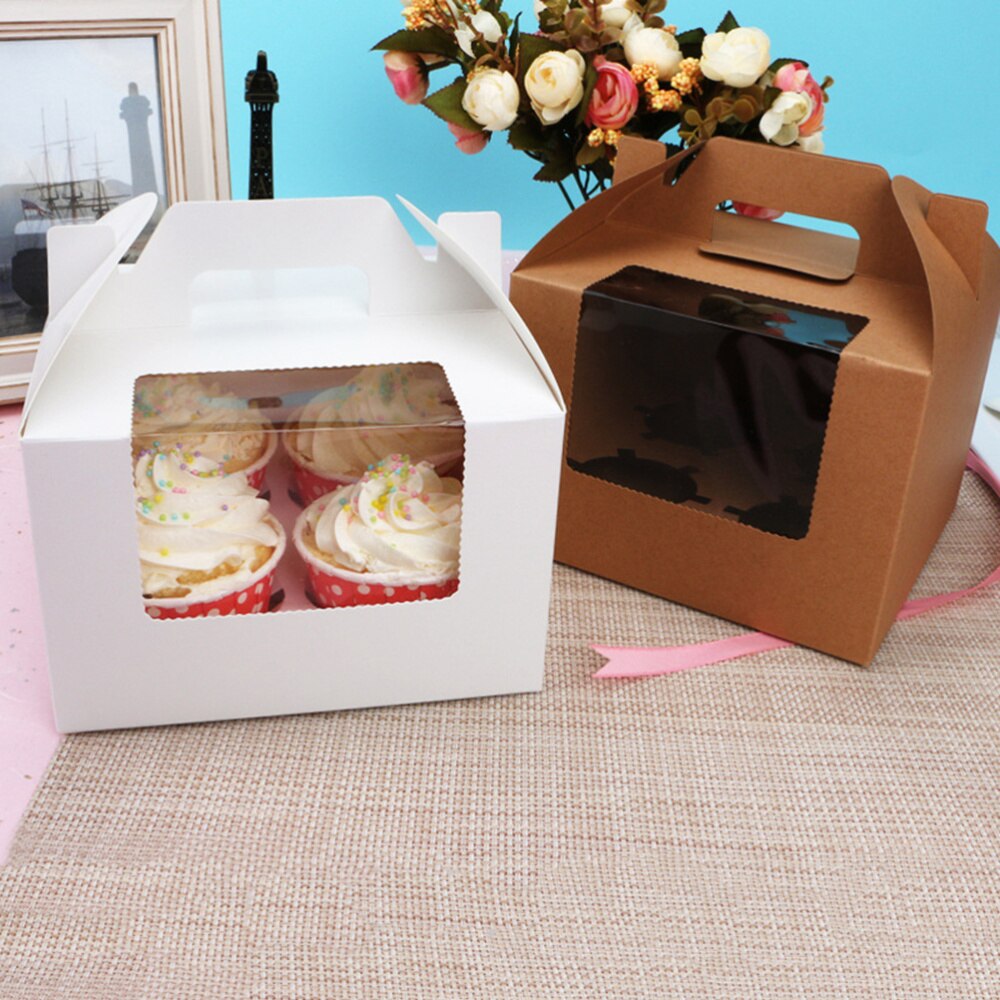 10pcs 4 Cavities Paper Cupcake Box Portable Dessert Containers Bakery Cake Carriers for Home Dessert Shop (Kraft)