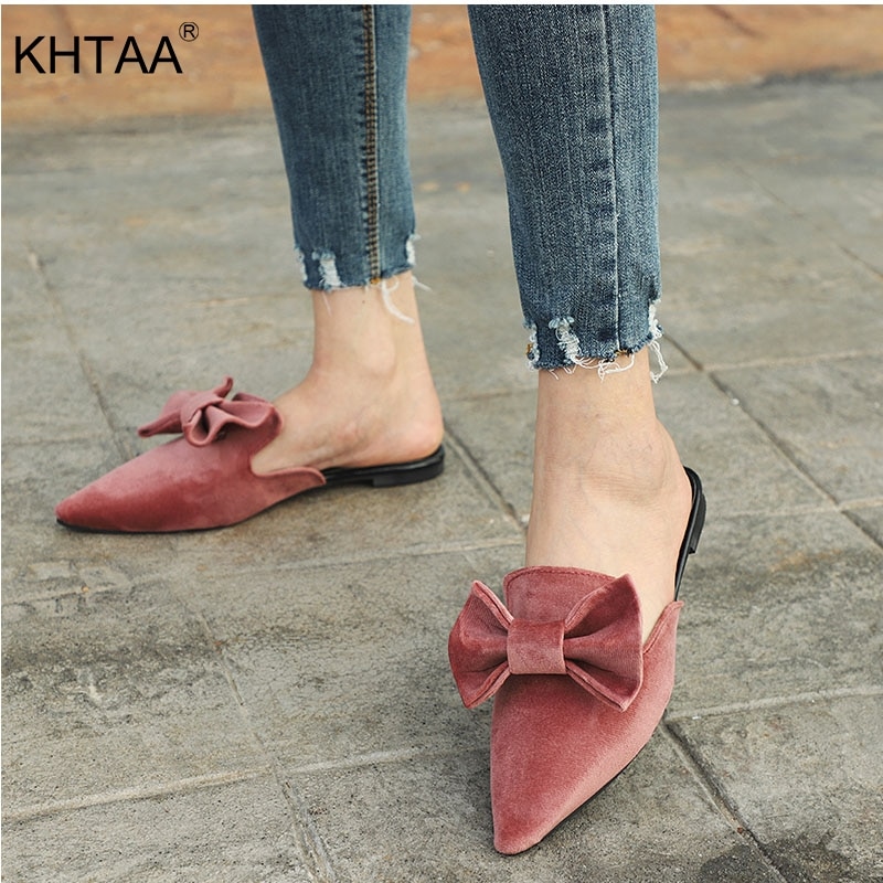 Damesmuiltjes met strik, platte schoenen met lage hak, slippers voor dames, herfstslippers voor dames met puntige neus, schattige meisjesslippers