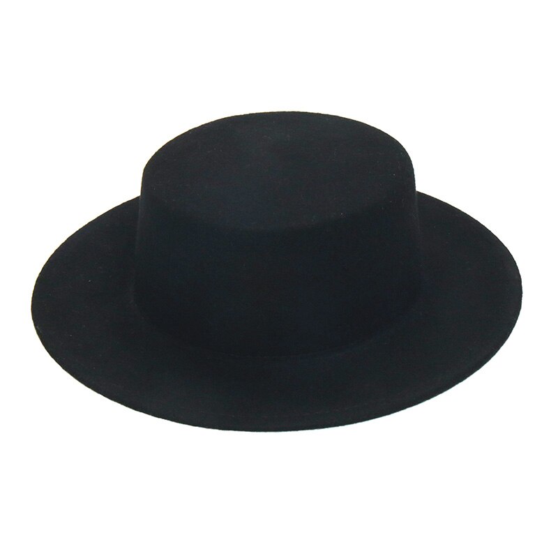 Witte 100%  wollen fedora hoed voor dames, platte zonnehoeden, dameskerkhoeden, bruiloftshoeden: Zwart