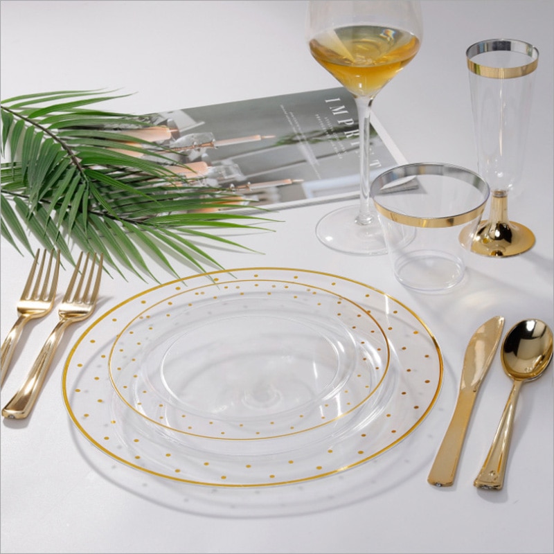 60 stuks/partij bronzing gouden stippen plastic wegwerp servies voor bruiloften, feestjes, plastic bordjes, bekers, gala-feestdecoraties