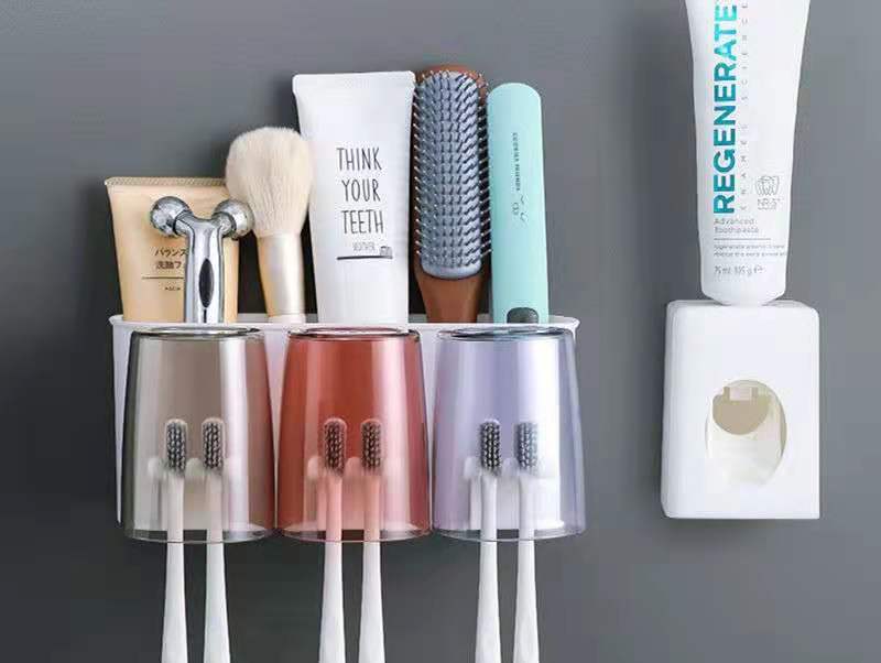 Tannbørsteholder veggsett tannbørstekopp munnskyllekopp tannkrempressetannkopp husholdningsvaskbordhylle: 3 rader -ekstruder