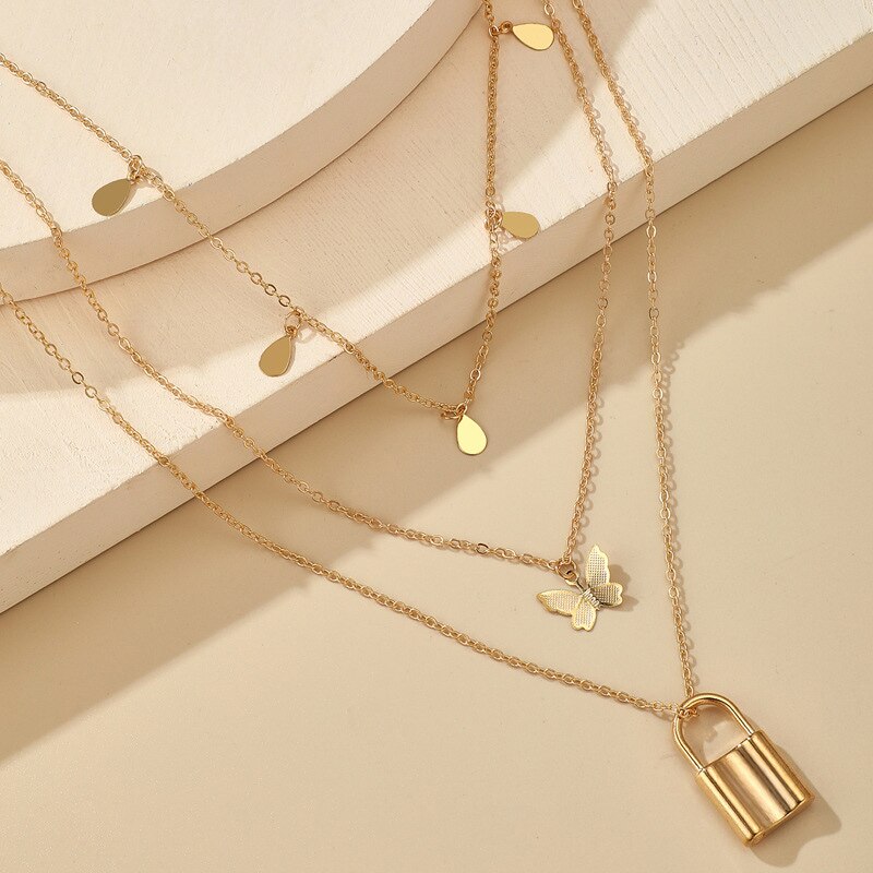 Butterfly Retro Layered Pendant Padlock Necklace Choker Jewelry for Women Girl Party BMF88