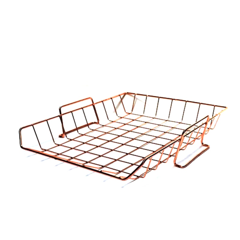Rose Golden Office School Supplies Desk Accessories Organizer File Tray Mesh Wire Metal Document Tray Stackable File Tray