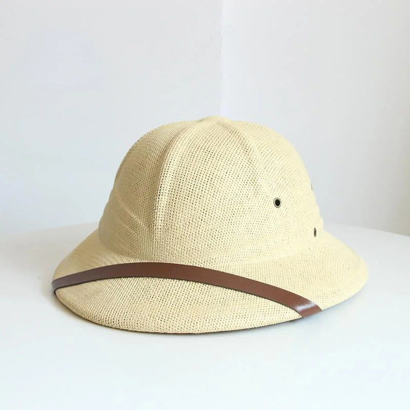 Sombrero de paja estilo Vietnam para adultos, casco de explorador británico, sombreros de sol de cubo de barco de verano: Beige