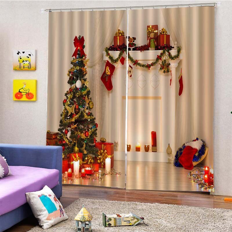 Cortinas navideñas de efecto 3D con ganchos, Juego de 2 paneles y 10 colores, cortinas de tela de poliéster para ventana, pantallas para puerta, decoración para el hogar
