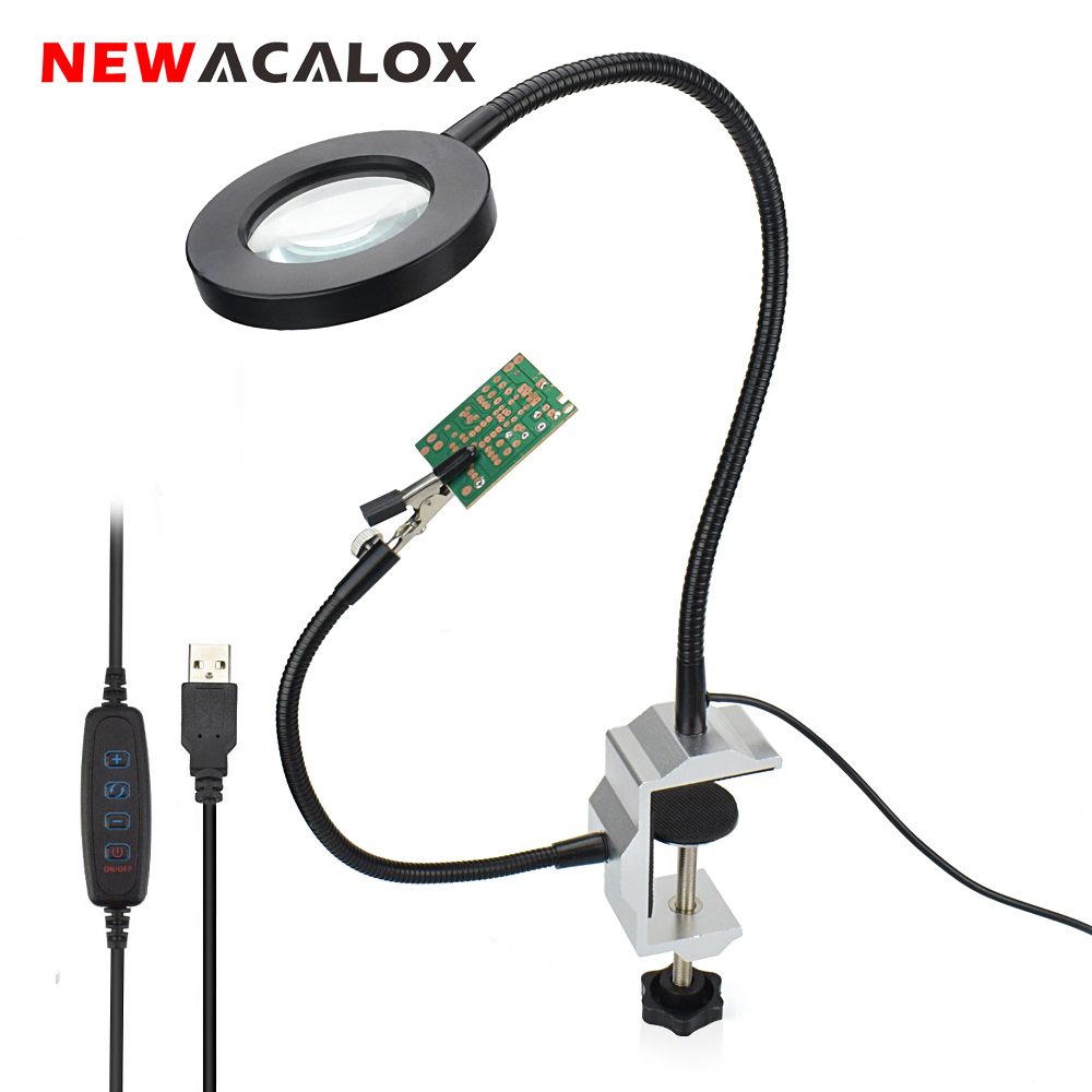 NEWACALOX USB 3X Vergrootglas Werklamp Soldeerbout Houder Bankschroef Tafel Klem Soldeerstation 2pc Flexibele Armen