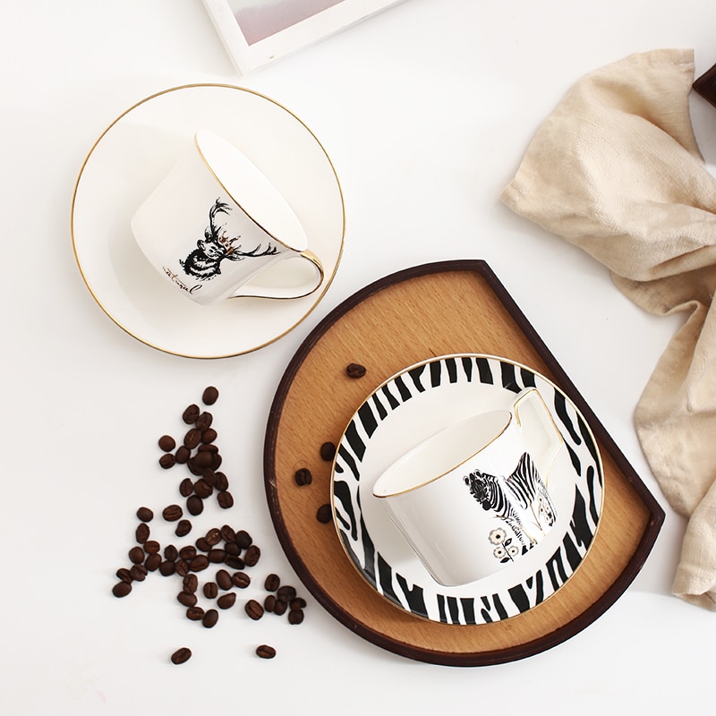 Nordic Style Zebra Elk Crown Trace Golden Bone China Coffee Cup Saucer ...