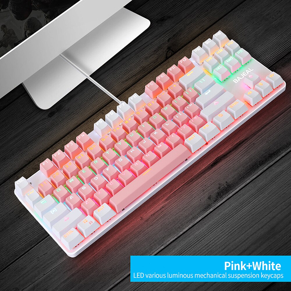 BAJEAL K100 87 Keys Wired Gaming Mechanical Keyboard Mixed Light Mechanical Keyboard with Blue Switch Suspension Button For PC: Pink White