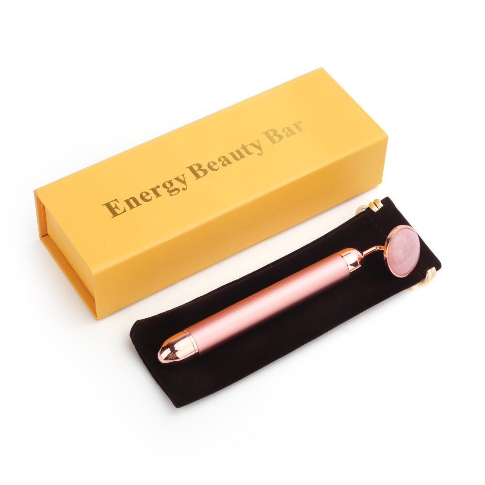 Goud Schoonheid Bar Trillingen Facial Roller Elektrische Stimulator Met Jade Hoofd Anti-Rimpel Huidverstrakking Rose Quartz Gezicht Massage: Rose gold with box