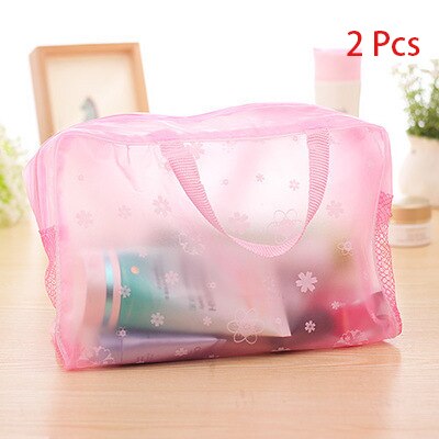 Bolsa para cosméticos transparente, 2 peças, organizador de pvc para maquiagem, portátil, impermeável, bolsa transparente para banheiro: Rosa