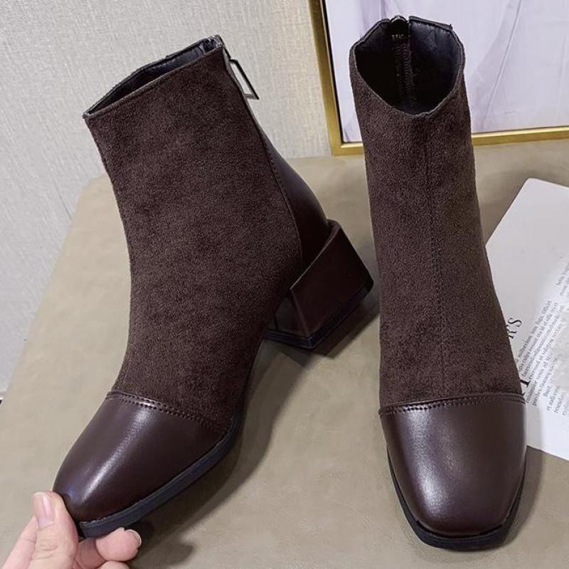 Kvinner ankelstøvletter dame semsket skinn glidelås firkantet tå pu lær hælsko kvinner chunky kvinnelige chelsea boots