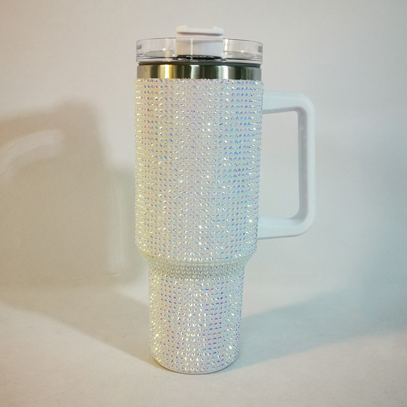 Taza Termo de diamante de 40oz con asa, botella aislada de café al vacío de acero inoxidable 304, frascos portátiles para coche: Naranja