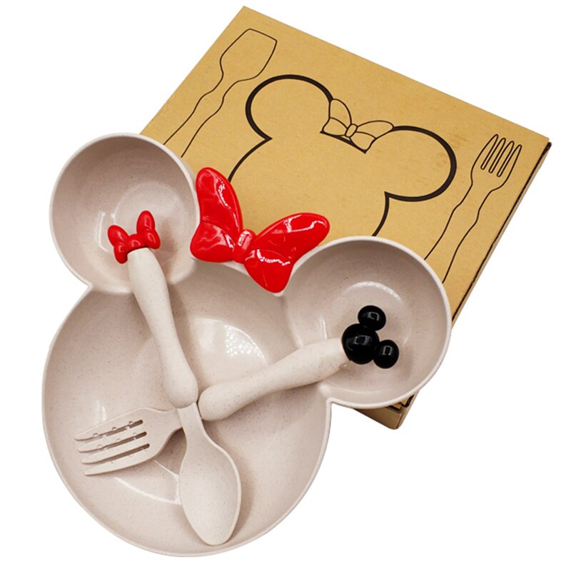 Plato de paja de trigo para bebé, vajilla de dibujos animados, vajilla, Bol para niños, cuchara, tenedor, plato de fruta, cuenco de entrenamiento para niños con platos: Beige(with box)