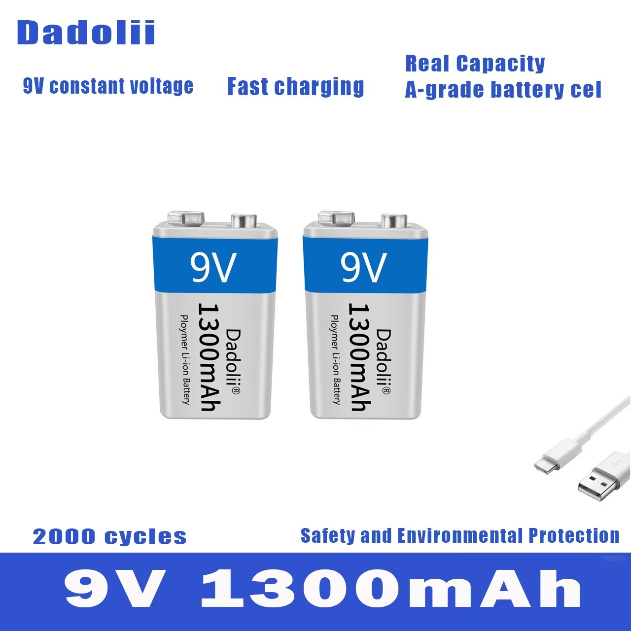 Wiederaufladbare 9V Li-Ion Batterie - 1300mAh - Micro USB - Ladegerät Set - Kompatibel mit Multimeter, Mikrofon, Spielzeug: Grau