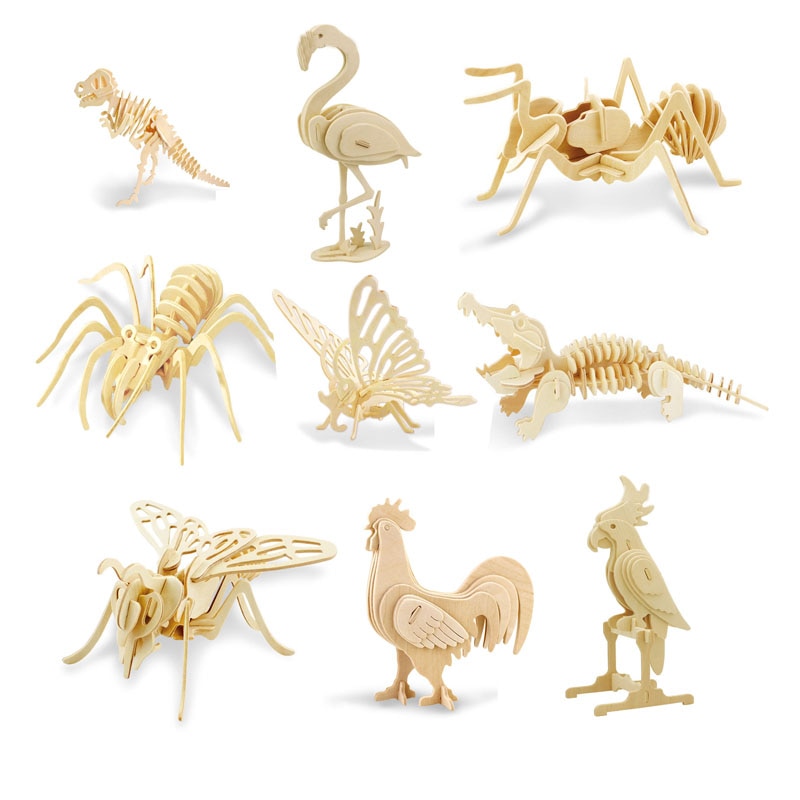 DIY 3D Wooden Toys Puzzle Animal Assembling Swan,parrot,butterfly,dinosaur Model Kit for Child Toy
