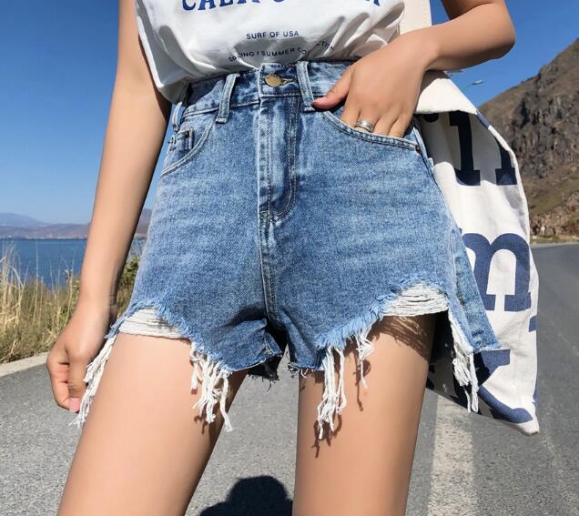 Short d'été en jean femme Streetwear taille haute déchirée bleu et noir, Mini Short avec pompons, poches,: Bleu / S