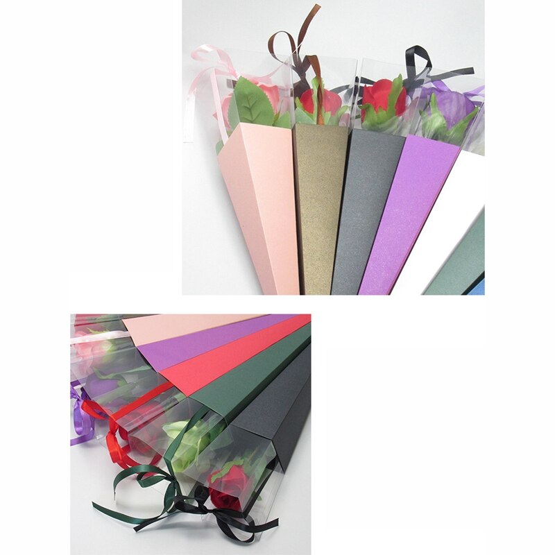 25Pcs Exquisite Flower Box Packing List Rose Holder PVC Triple-cornered Box with Ribbon Florist Supplies