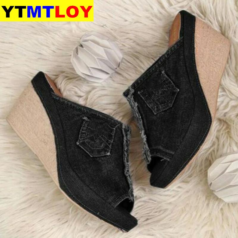 Kvinder sandaler kvindesko kvinde sommer wedge behagelige damer slip-on flade sandalier denim platform kiler høj hæl