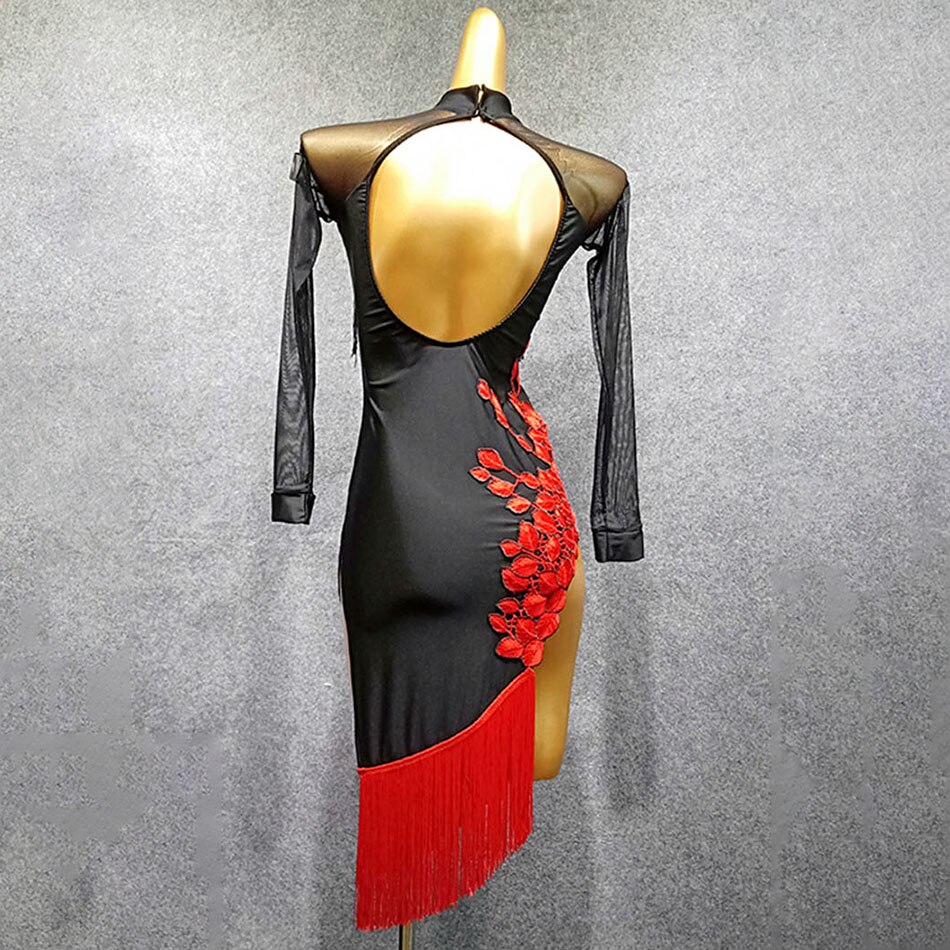 Long Sleeve Bare Back Flower And Tassel Latin Dance Dress Dancing Performance Women Dress Ballroom Samba Tango W252