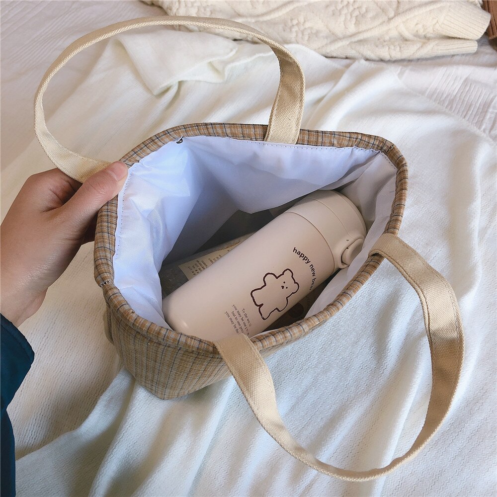 Cotton Fabric Lunch Bag Plaid Small Handbag Portable Food Picnic Bag Women Kids School Lunch Bags Ladies Little Tote Shopping