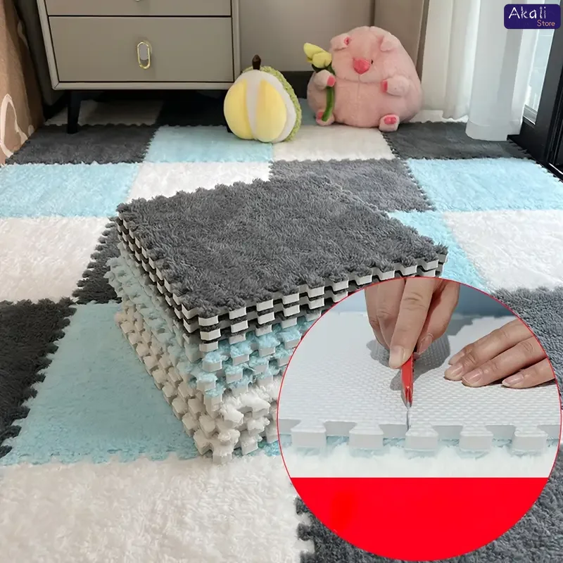 Soft Fluffy Puzzle Foam Floor Mat-Interlocking Square Play Mat Tiles for Kids Baby Nursery,Non-Slip Carpet Rug bedroom rug